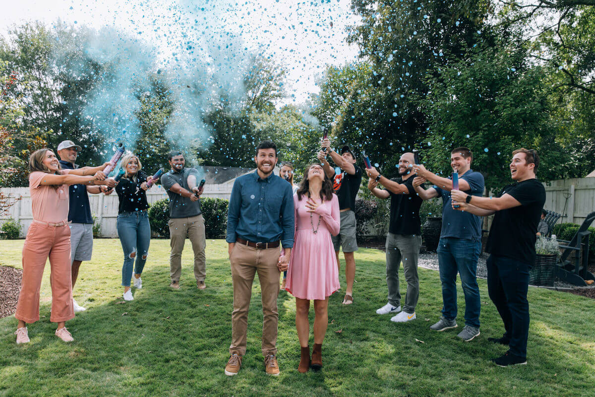 Gender reveal party with confetti