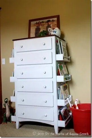 Bookshelf storage hack on dresser