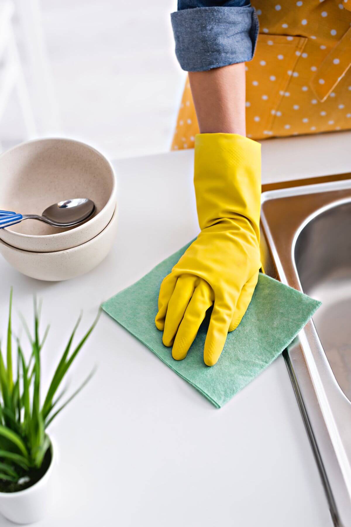 Woman cleaning kitchen countertop