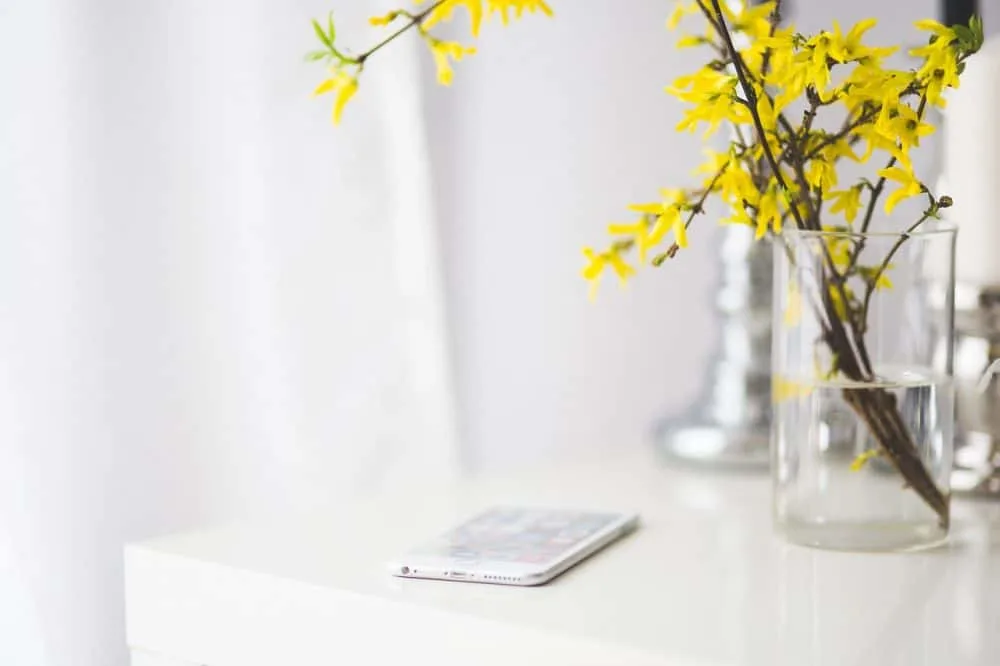 Vase on table with phone minimalist home
