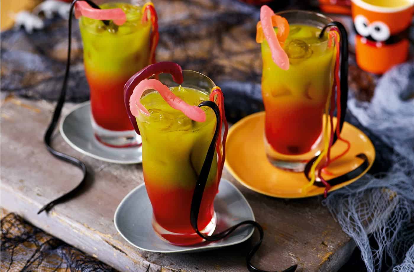 Moonrise mocktail with gummy snakes