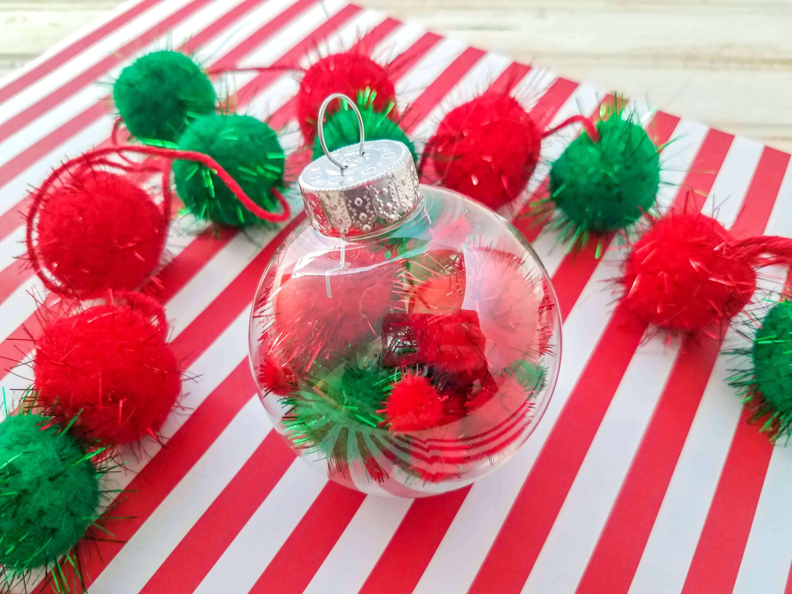 Diy pom pom christmas bauble ornament