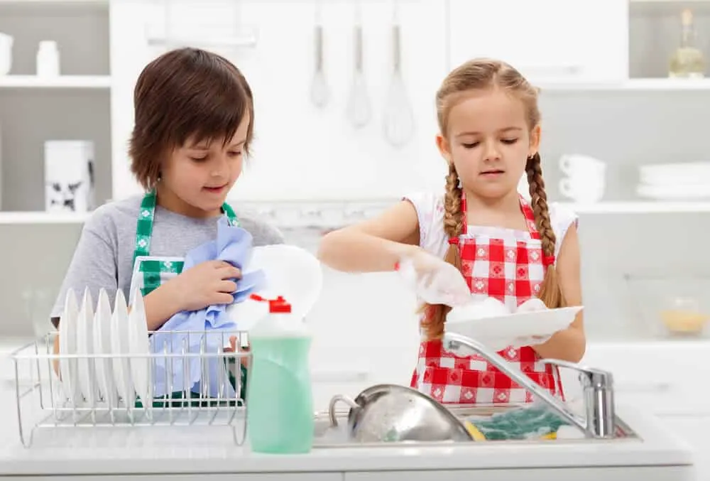 Siblings cleaning dishes