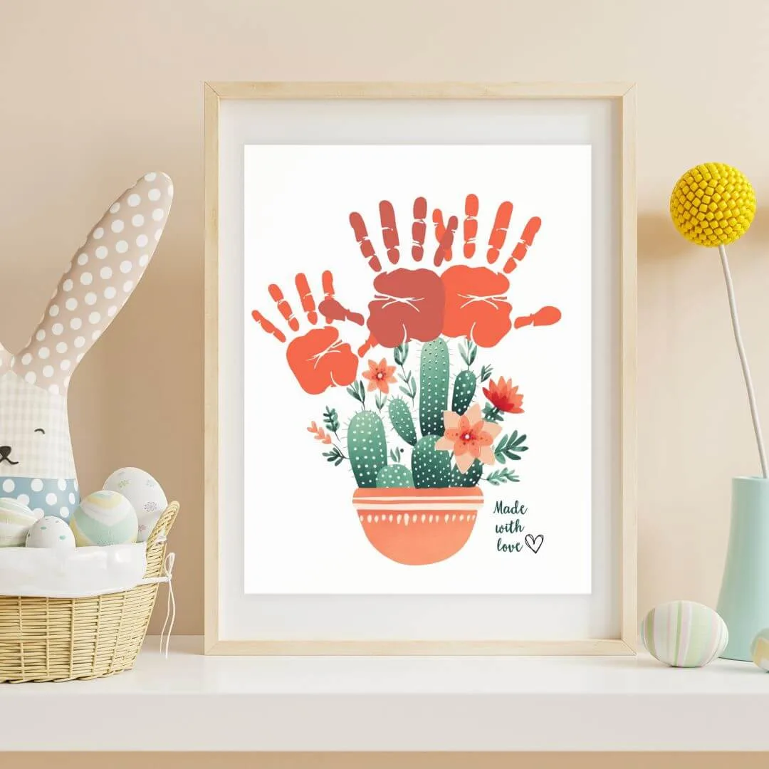Mothers day handprint art cactus design in frame in child's room.