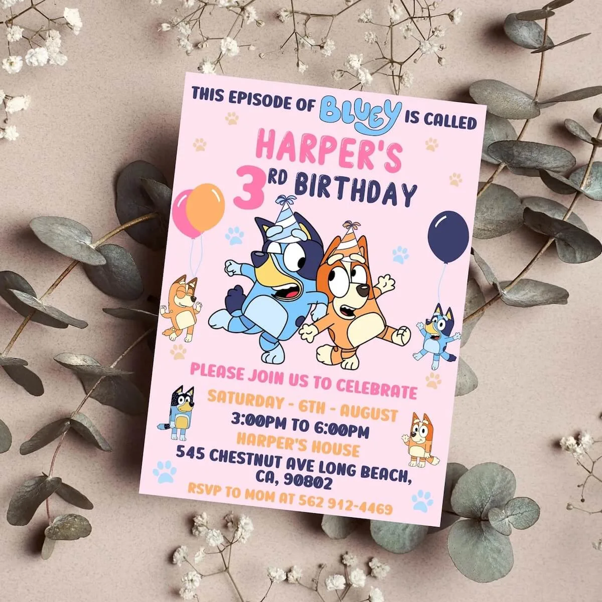 Personalised bluey birthday party invitation