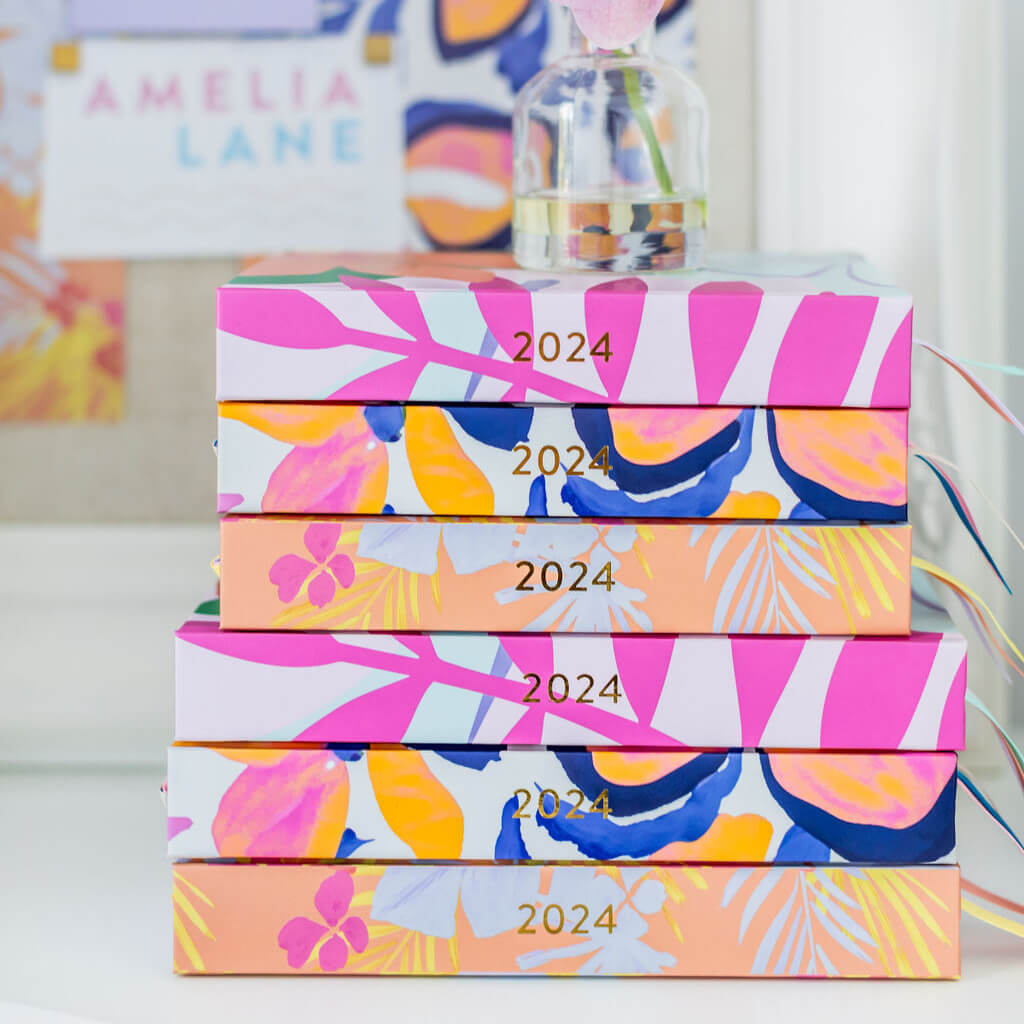 Stack of 2024 amelia lane planners in different formats
