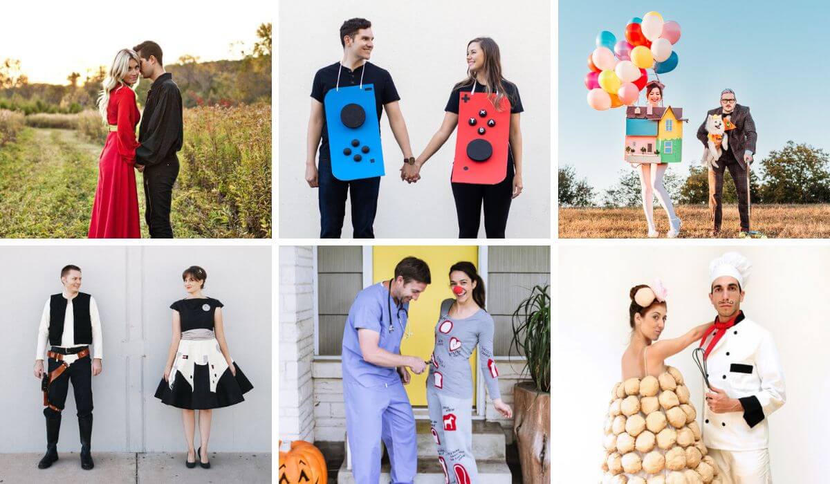 Collage of couples dressed in diy halloween costumes