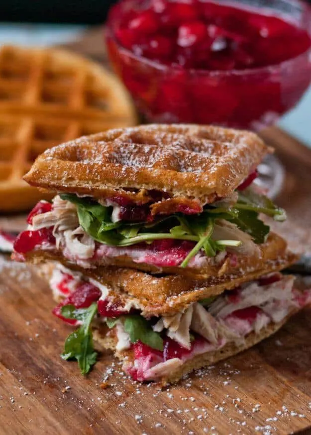 Waffle cranberry sandwich with turkey leftovers