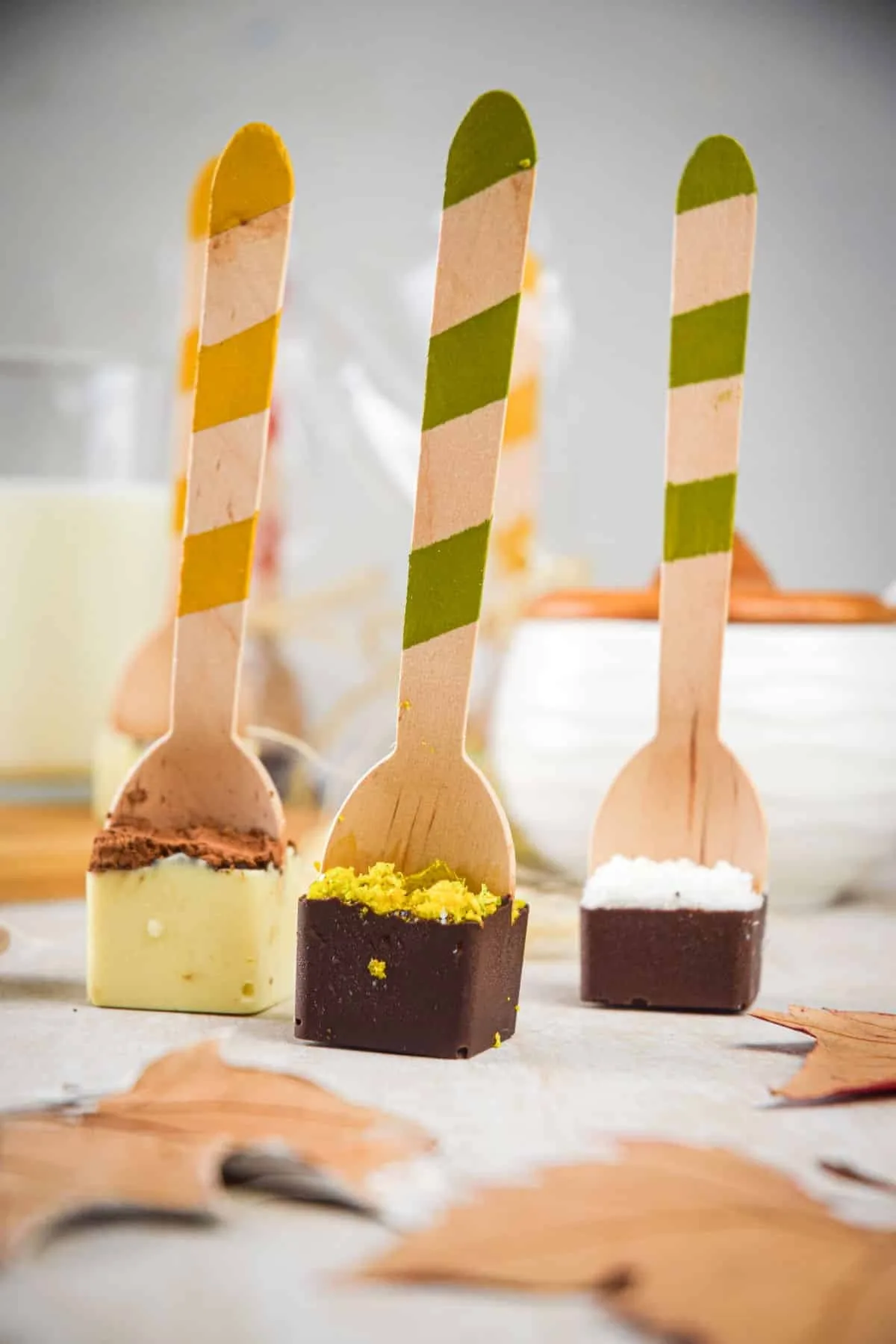 Hot chocolate spoons with different flavours.