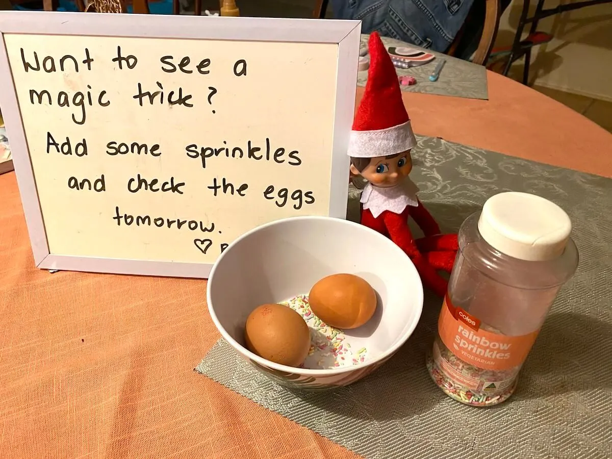 Magic trick with elf on the shelf and eggs