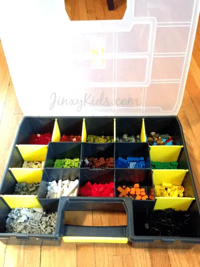Lego organised in a tool box