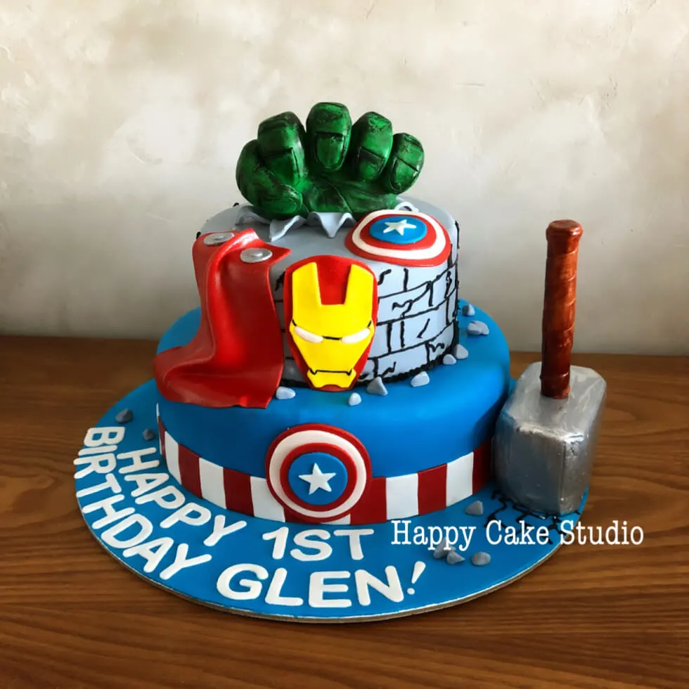 Avengers birthday cake with hammer