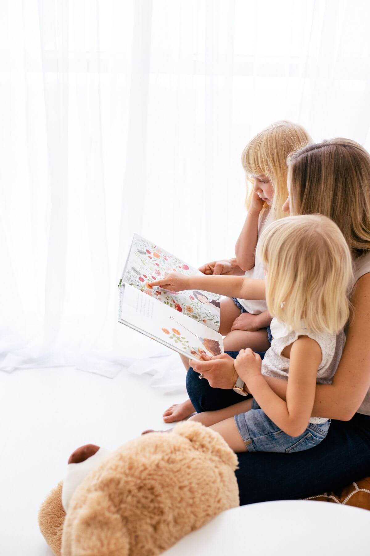 mother reading with daughters