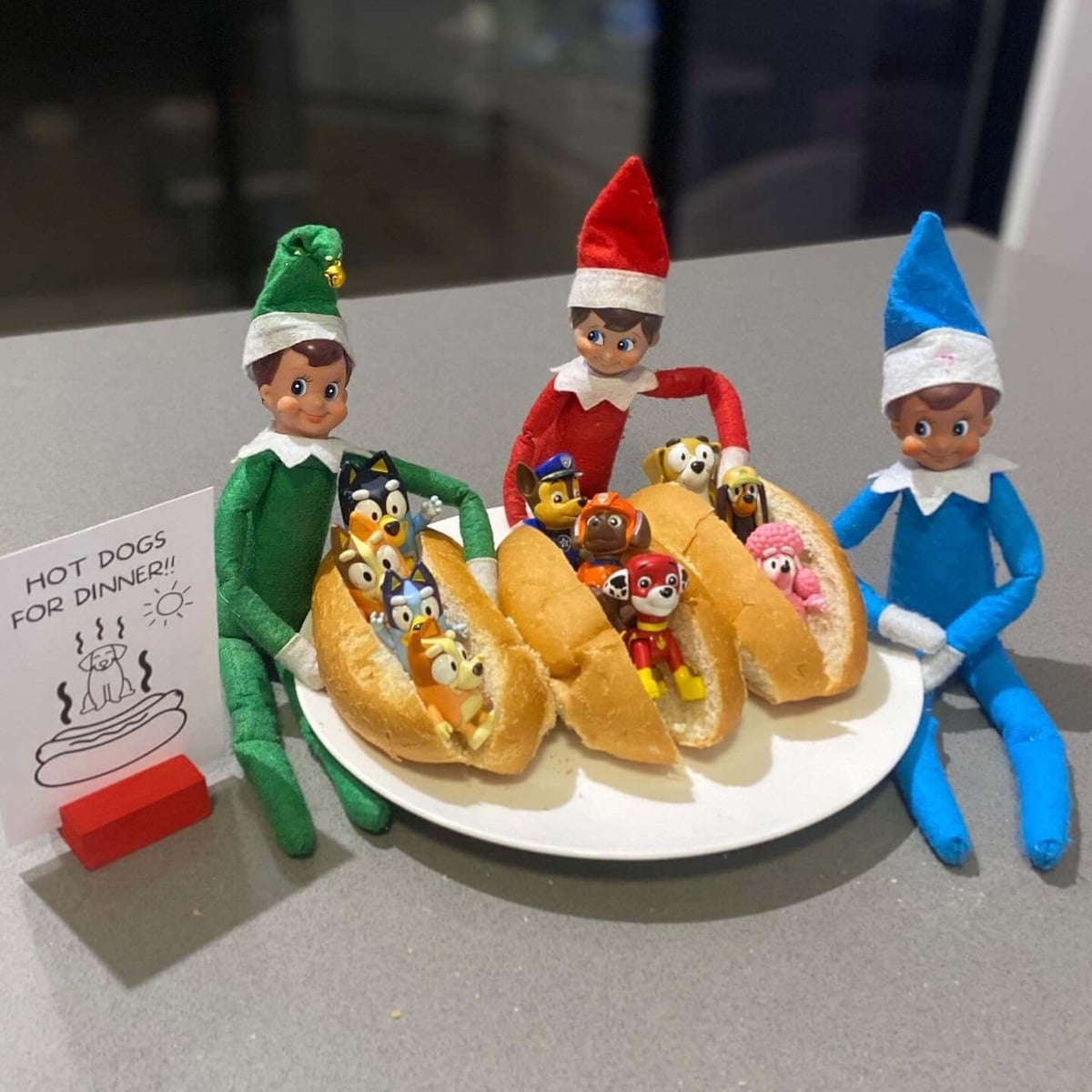 Elves On The Shelf Ideas For Two Elves (33 Funny Ideas For 2 Or More) 16 elf on the shelf hot dogs.