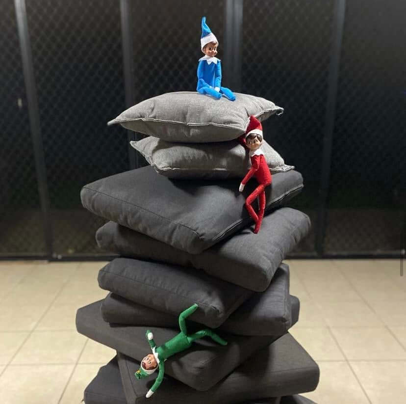 Elves On The Shelf Ideas For Two Elves (33 Funny Ideas For 2 Or More) 18 3 elves climbing pillows.