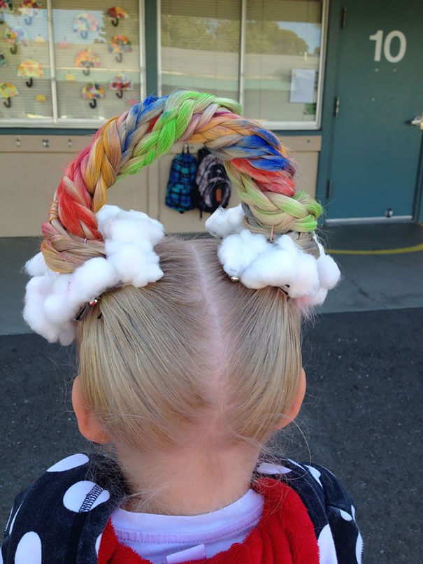 Rainbow hair style with cotton ball clouds.