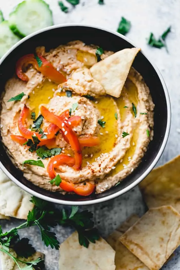 Roasted red pepper hummus in a bowl