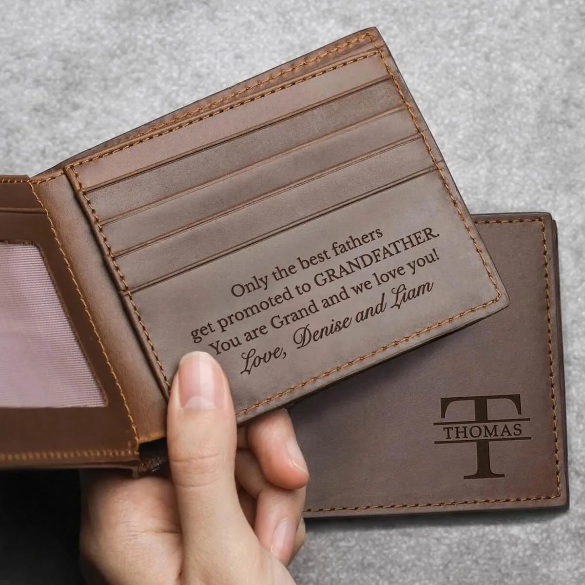 Personalised leather wallet with message for grandfather