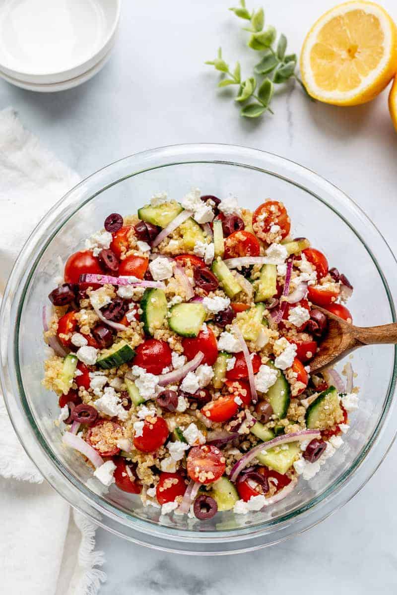 greek quinoa salad in a bowl