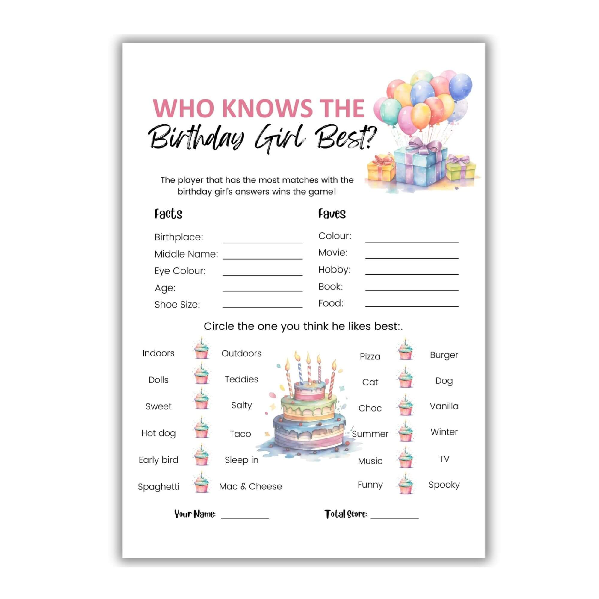 Who knows the birthday girl best printable game.