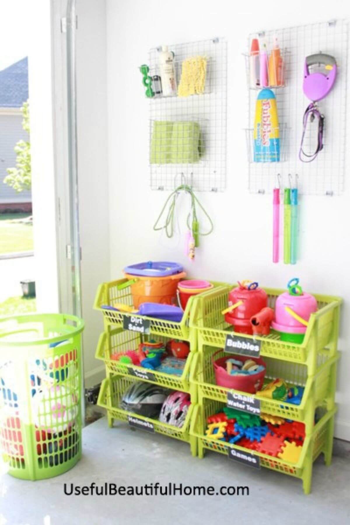 Open storage shelves with outdoor toys