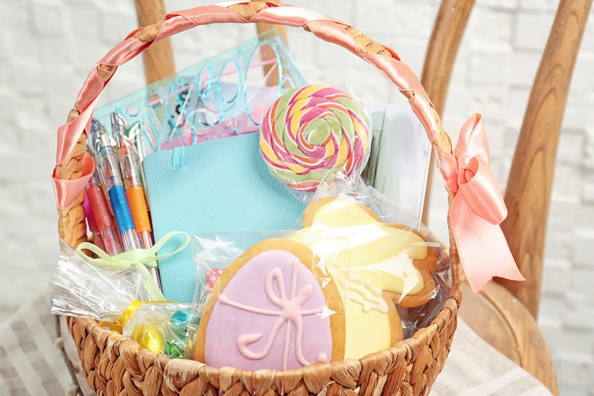 Easter basket with stationery and candy gifts