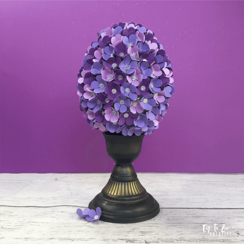 Easter egg topiary with purple flowers