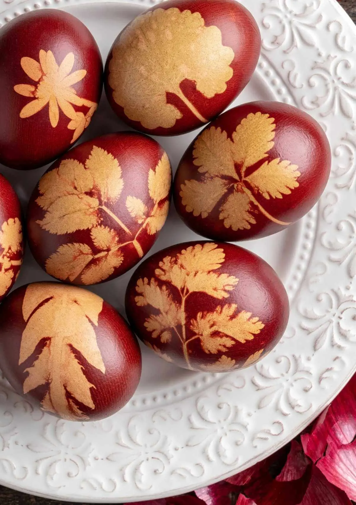 Easter eggs dyed with onion skins and flowers