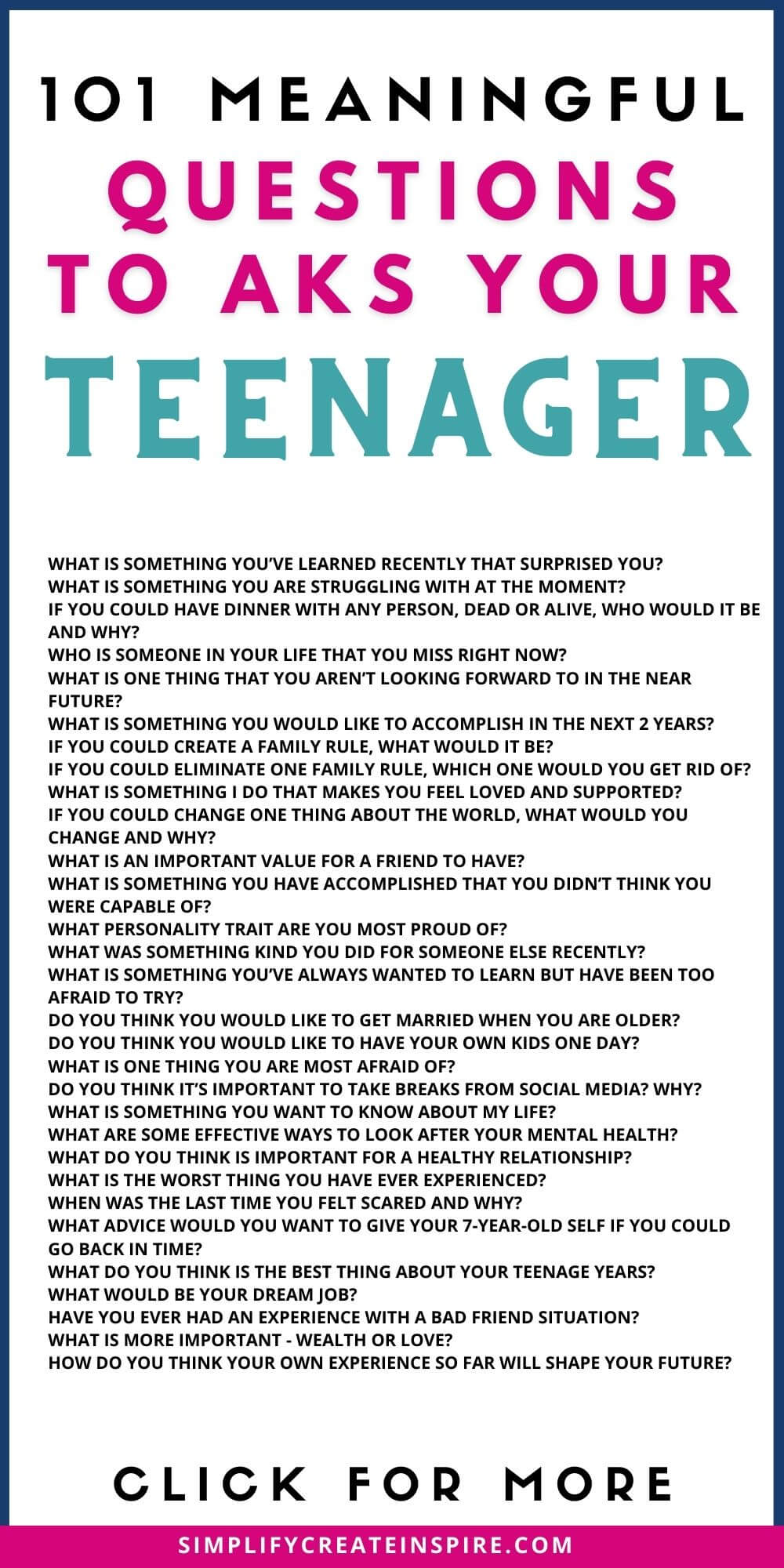 Pinterest image - text reads 101 meaningful questions to ask your teen