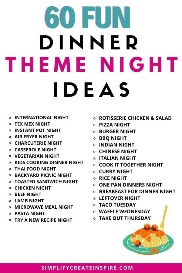 Pinterest image - text reads 60 fun dinner theme night ideas