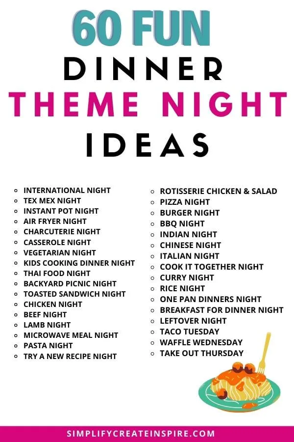 Pinterest image - text reads 60 fun dinner theme night ideas