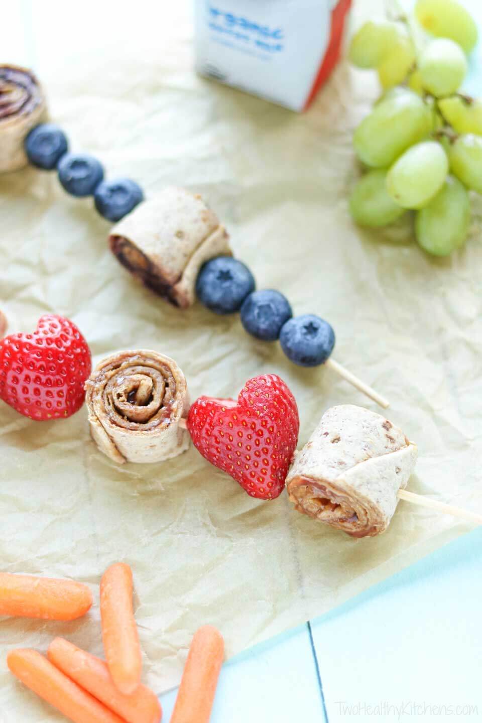 Sandwich kabobs with blueberries, strawberries and grapes