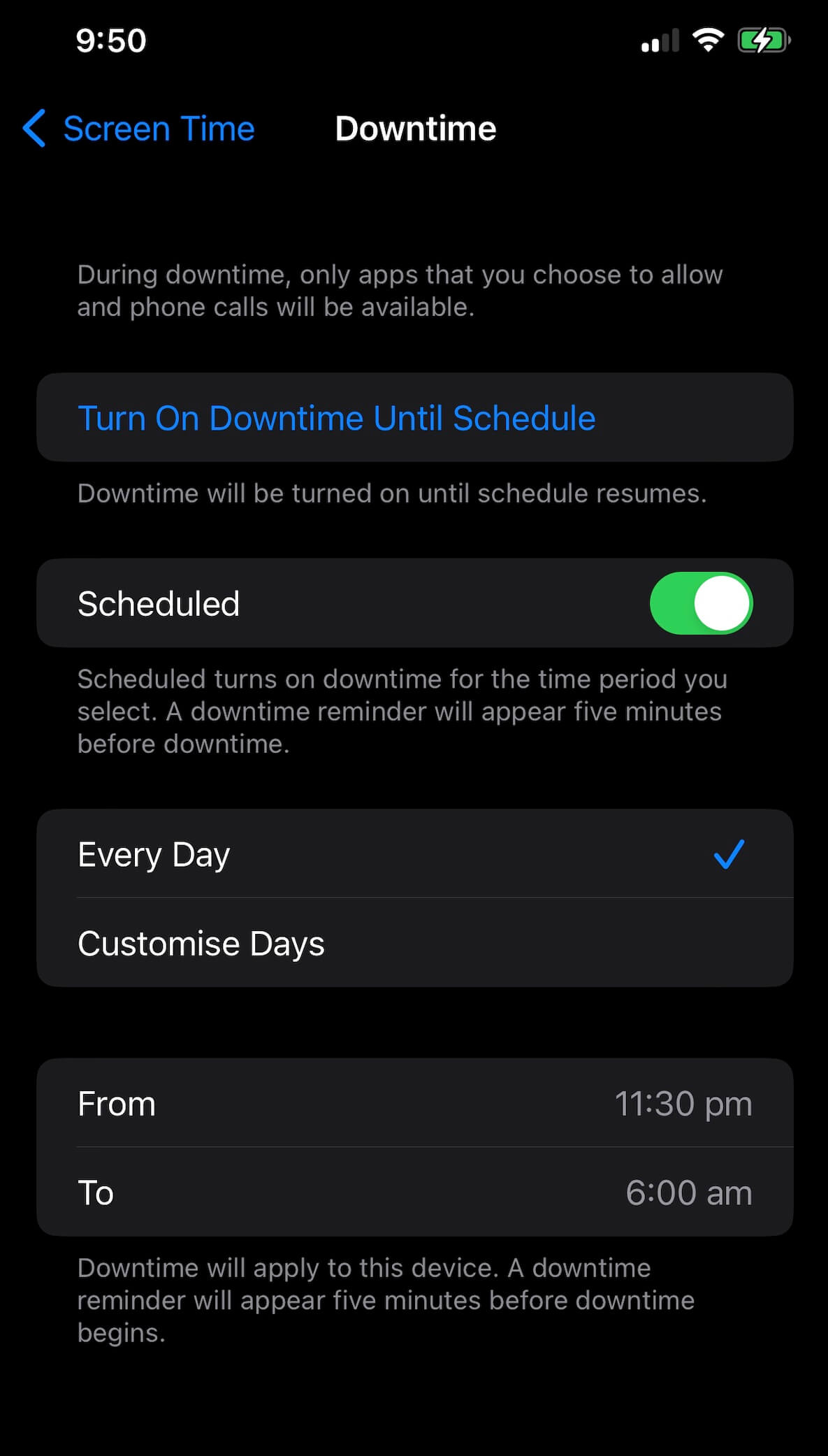Screen shot of iphone downtime settings