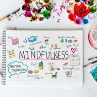 an art pad with art supplies surrounding it with words and images drawn related to mindfulness