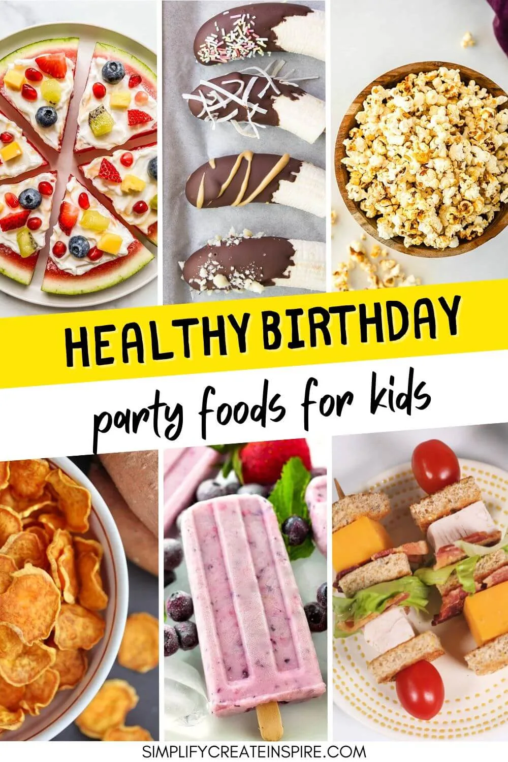 Collage of healthy party food with text box that reads healthy birthday treats for kids