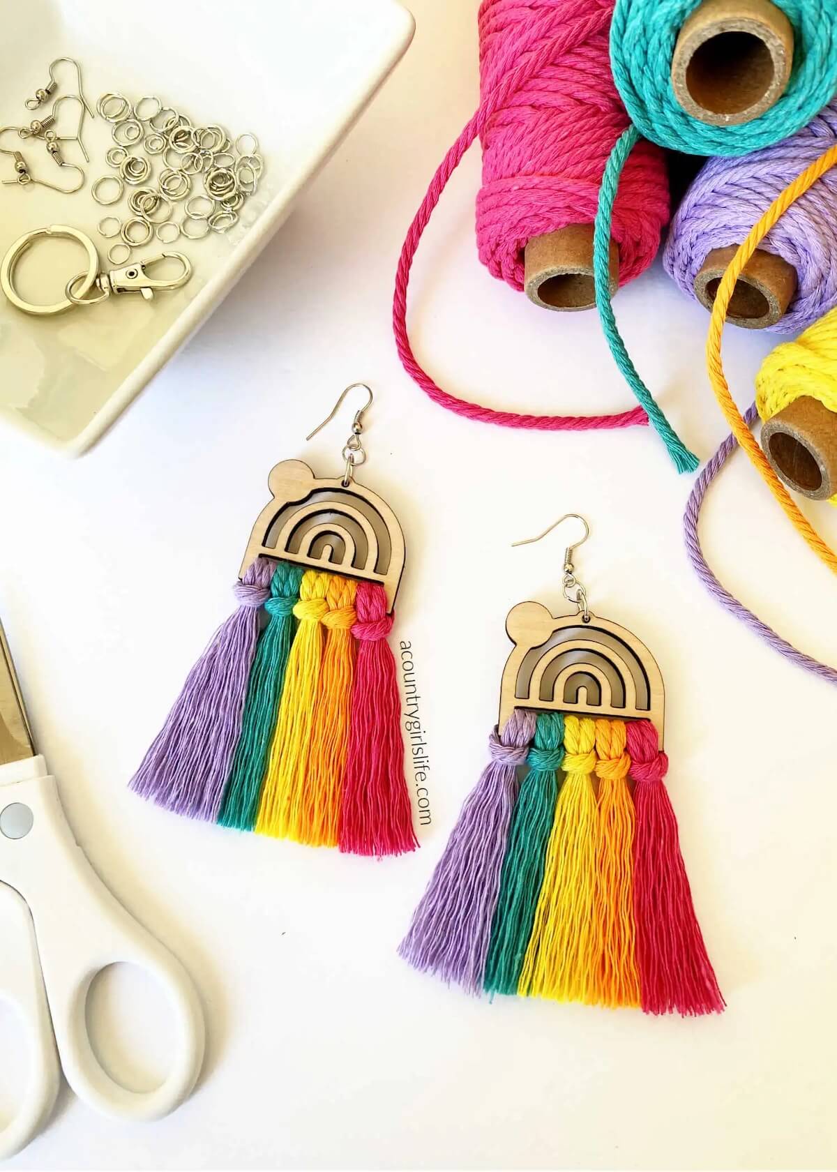 Rainbow macrame wooden earrings