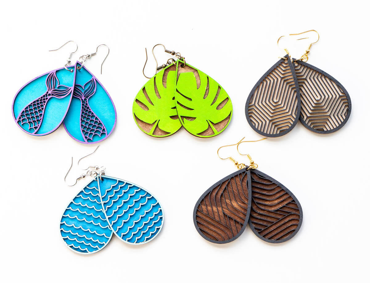 5 sets of wooden laser cut earrings in different styles