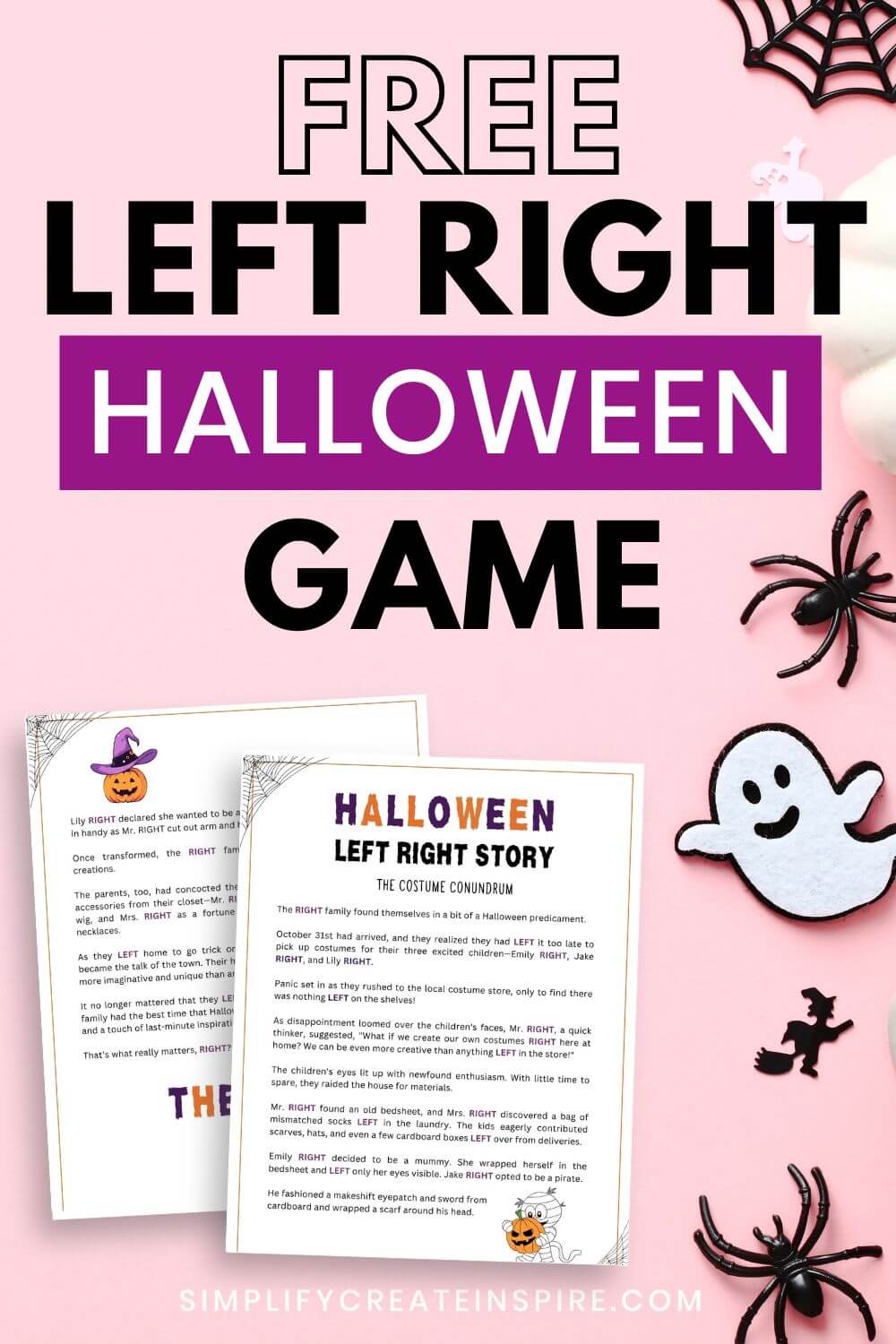 Free left right halloween game printable on pink background.
