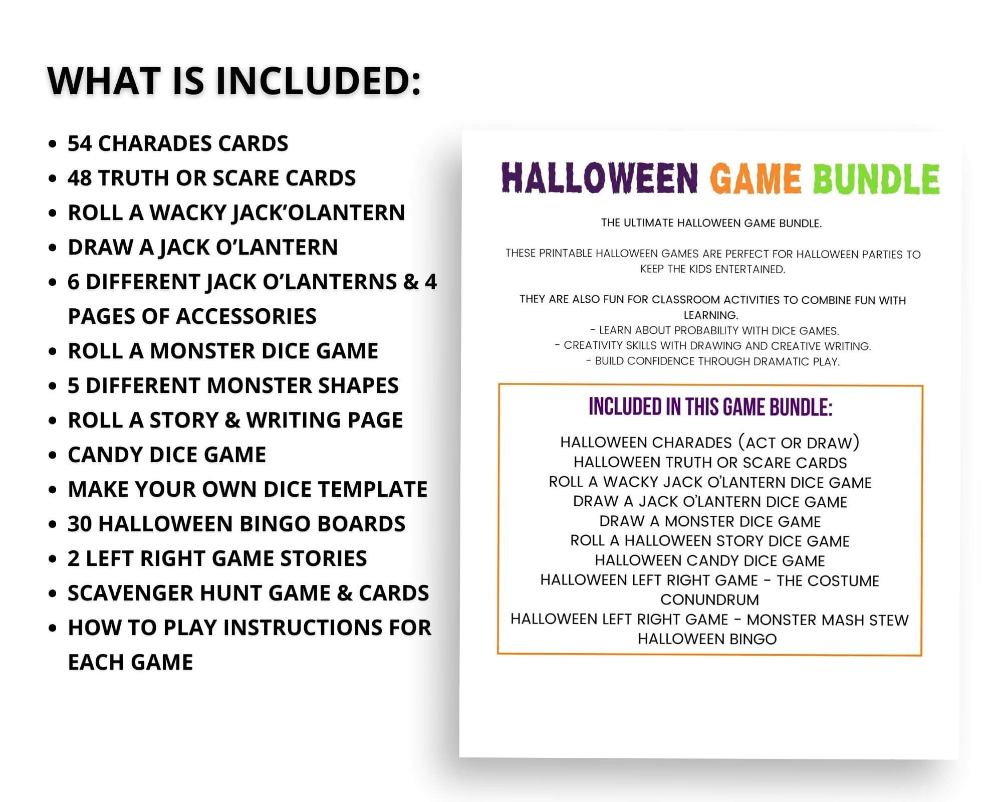 What is included in the halloween printable game bundle.