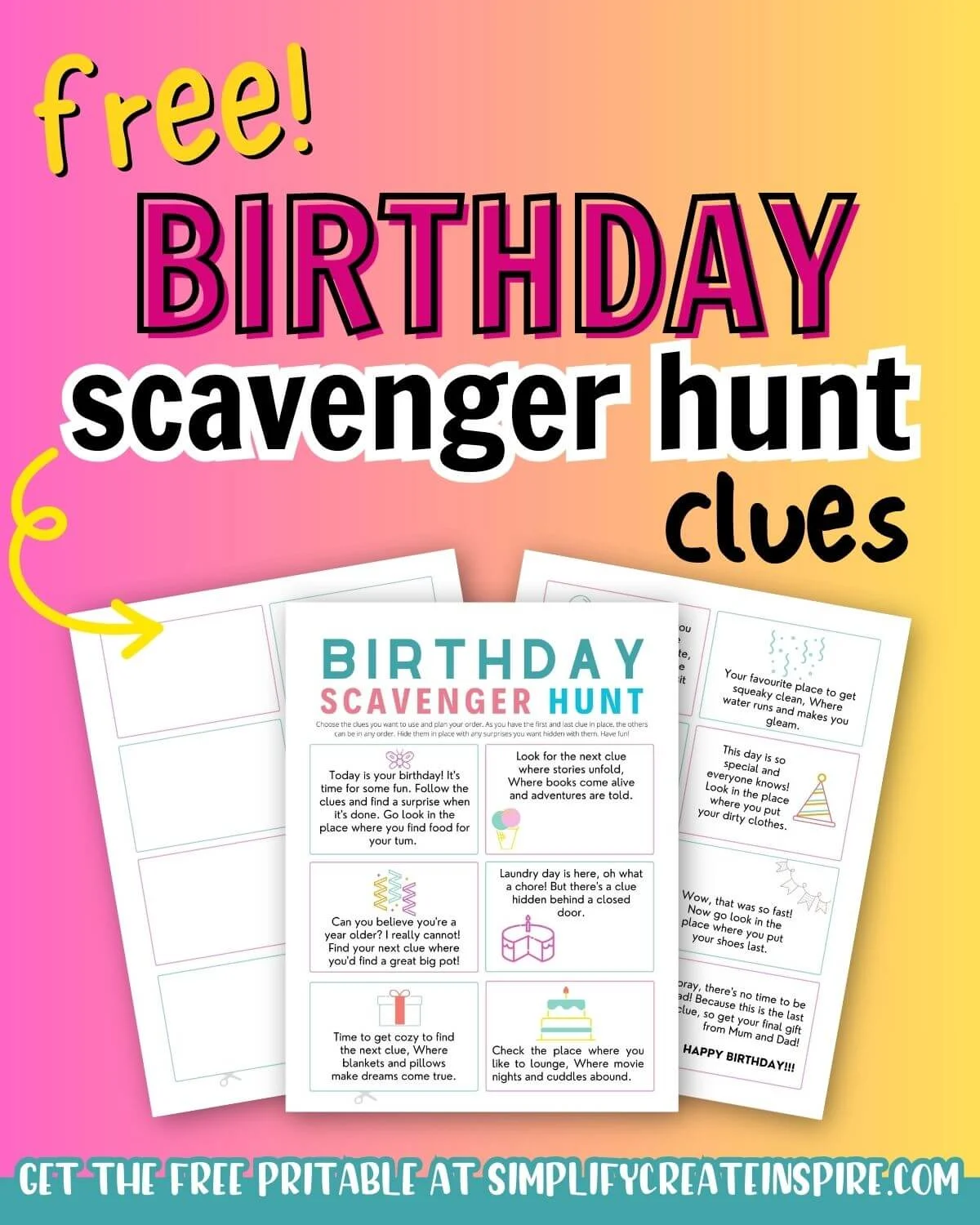 Free printable birthday scavenger hunt clues.