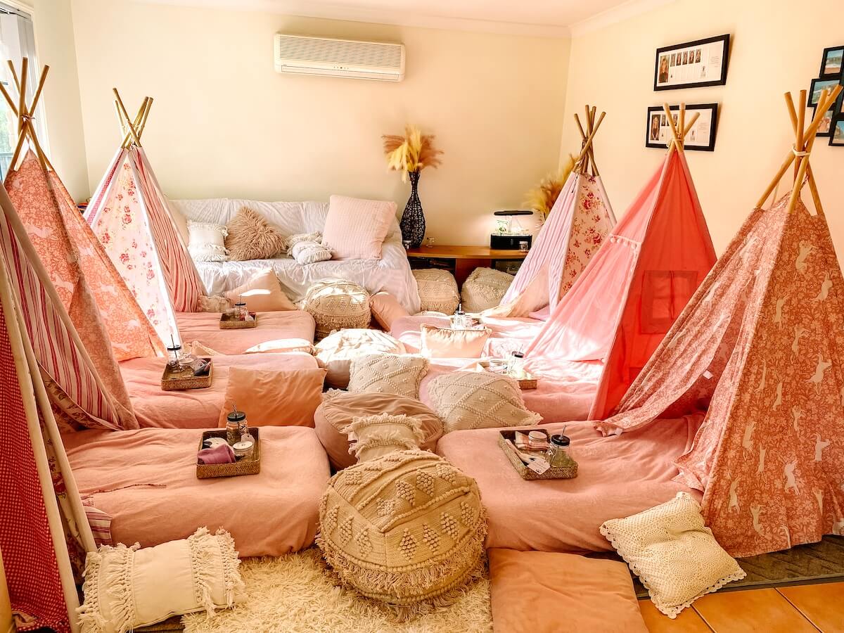 Diy teepee slumber party with pink theme.