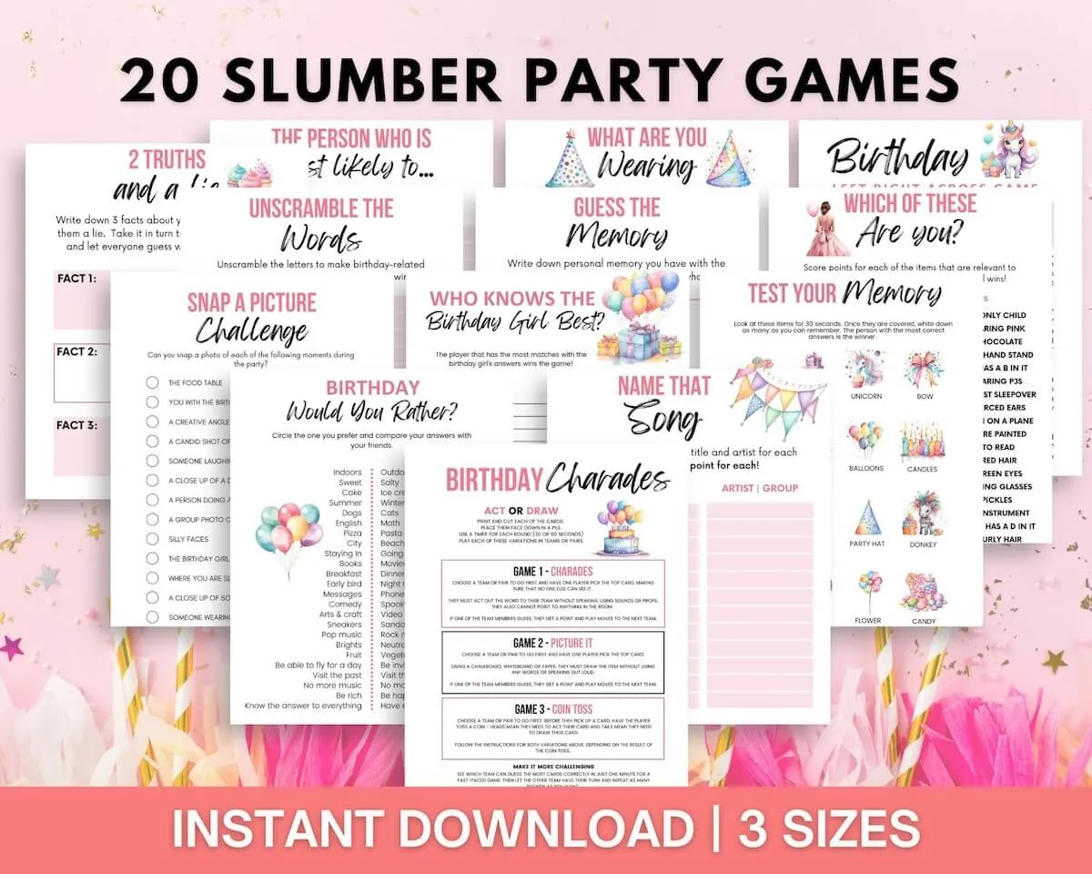 20 slumber party games bundle shop banner.
