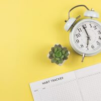 Top view or flat lay of habit tracker book, white vintage alarm clock and succulent plant pot on blue background with copy space.