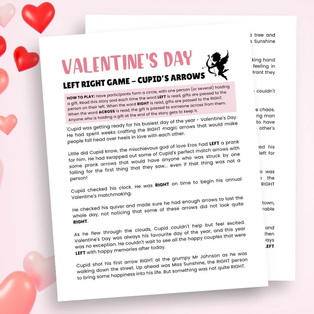 Printable valentine's day left right game.