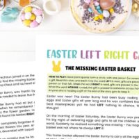 easter left right game printable on a table with easter food.