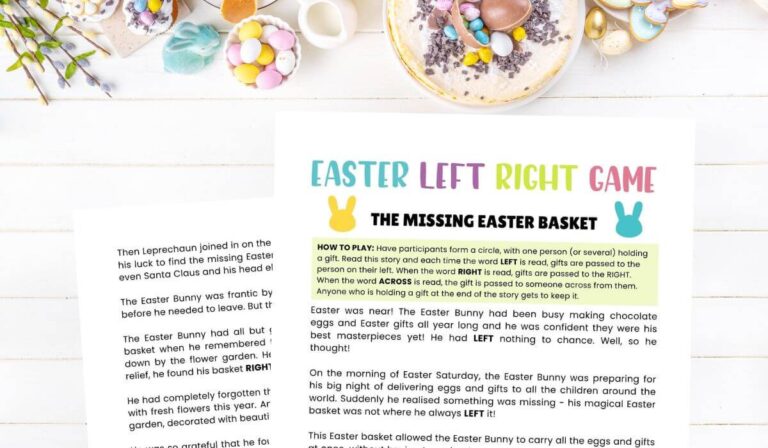 Easter left right game printable on a table with easter food.