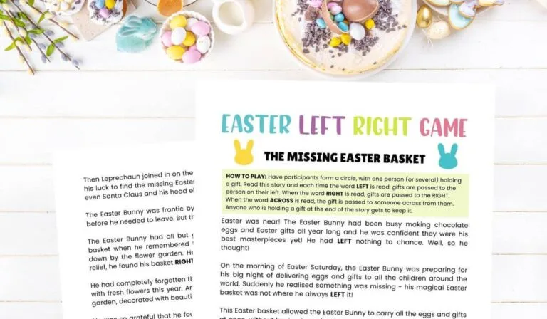 Easter left right game printable on a table with easter food.