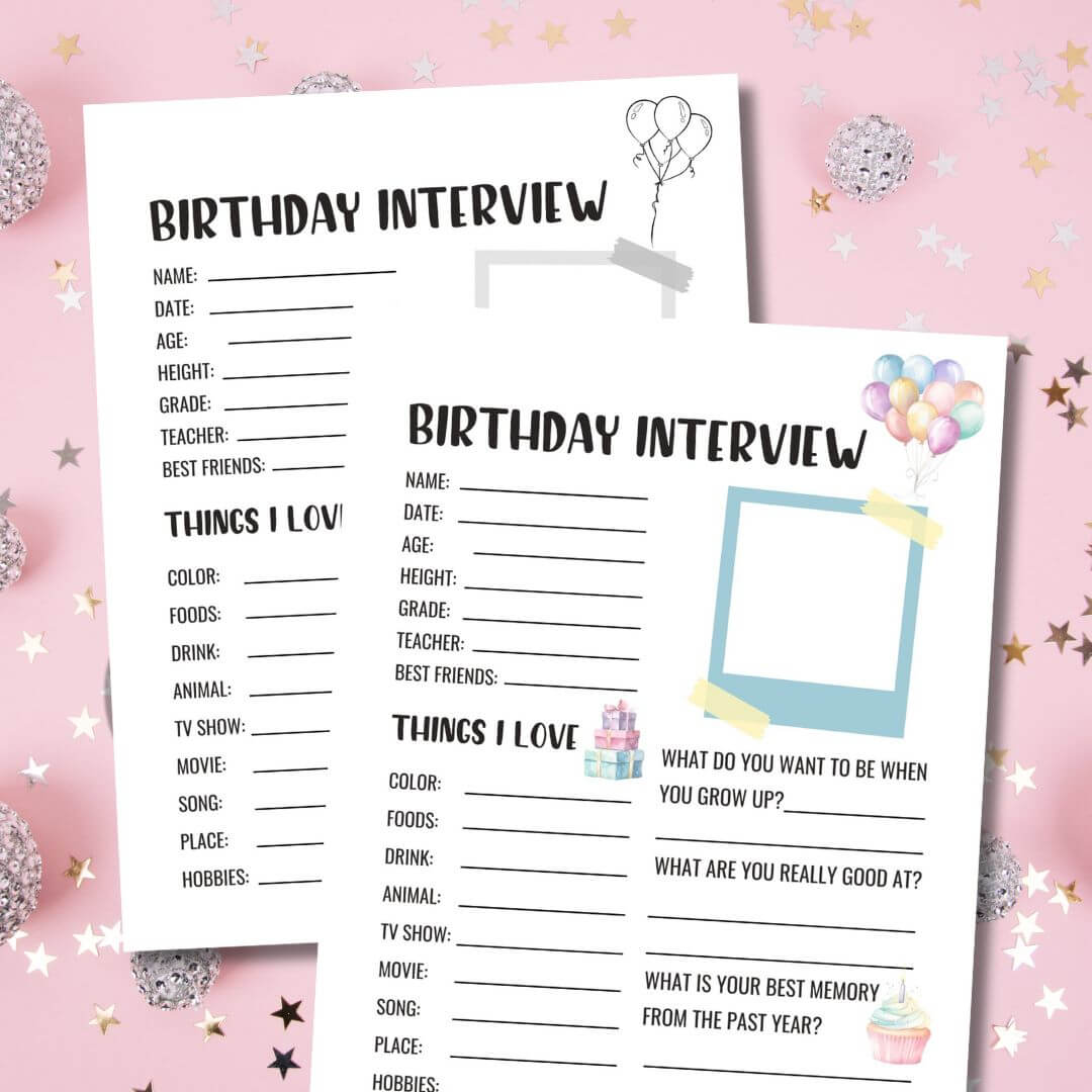 Printable birthday questionnaires for kids on pink background with party decorations.