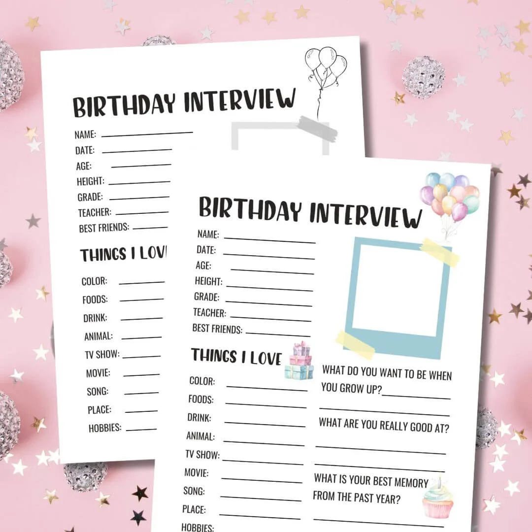 Printable birthday questionnaires for kids on pink background with party decorations.