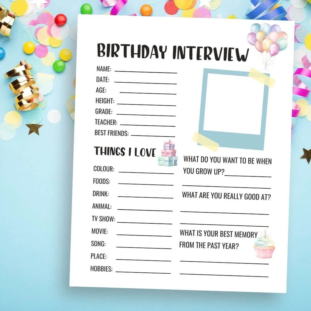 Kids birthday interview printable on blue background with party decorations.